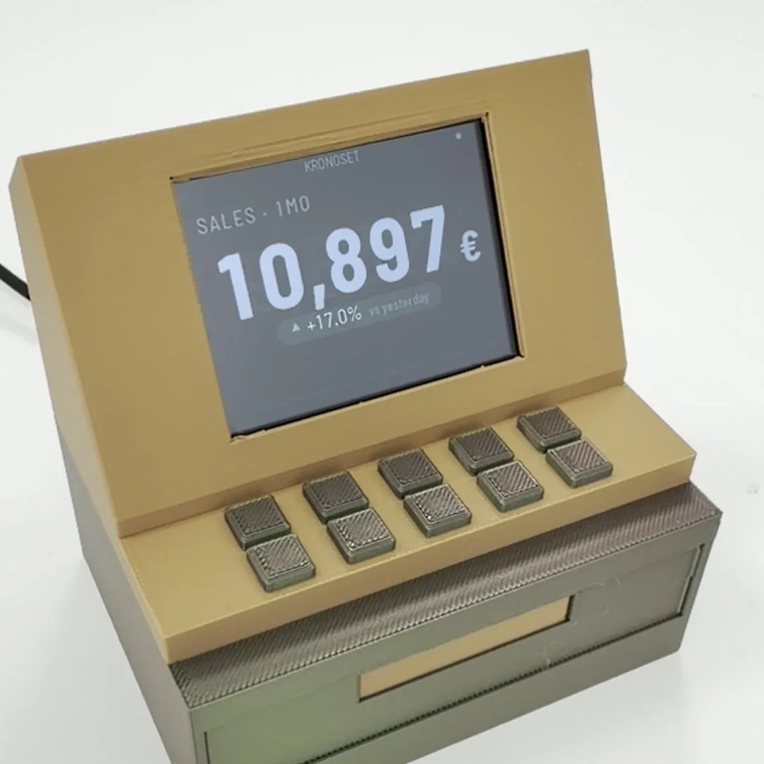 Three-quarter view of the panel on a white table, its USB-C cable entering from the left, the screen showing the month's sales figure.