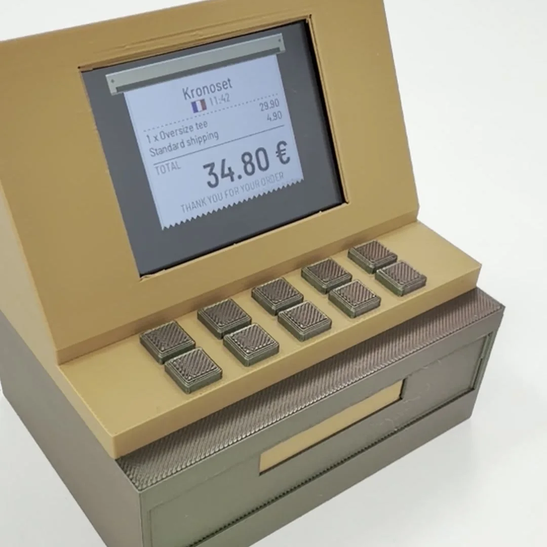 The finished receipt on the panel's screen: TOTAL 34.80 €, THANK YOU FOR YOUR ORDER.