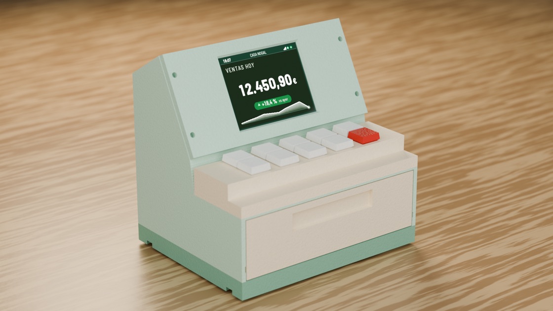 The ChaChing Panel 2 on a wooden desk, its color screen showing the day's sales