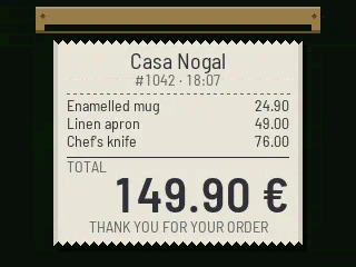 An order lands: a paper ticket prints down the screen with three items and the total, 149.90 €, then the amount stays on screen in green.