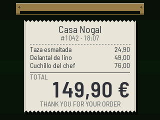 Panel 2 screen printing an order ticket: three line items, a €149.90 total and “thank you for your order”, while the cha-ching plays