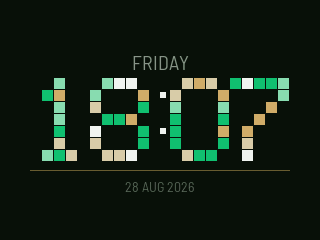Tetris face: 18:07 assembled out of falling green and brass blocks.