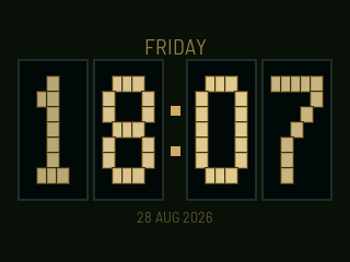 Panel 2 showing the nixie clock face reading 18:07 in brass tones, with Friday and the date around it