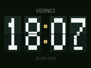 Esfera de tablillas: 18:07 en cuatro fichas blancas, con la de los minutos a medio giro.