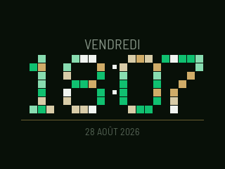 Cadran tetris : 18:07 assemblé avec des blocs verts et laiton qui tombent.